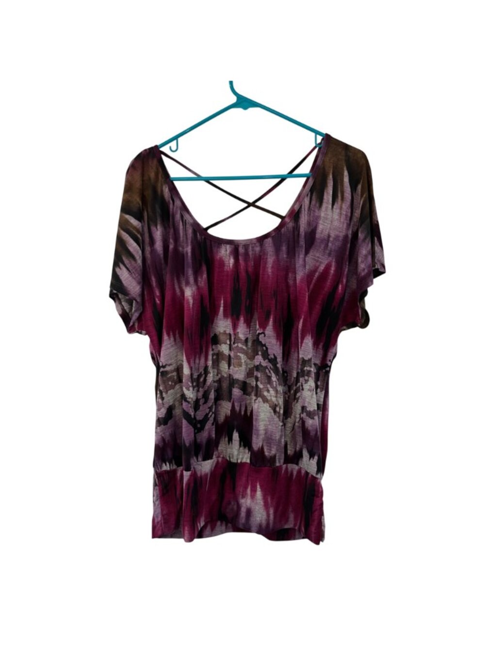 AB Studio Blouse Womens M Purple Black Stretch Criss Cross Back Used - Picture 4 of 10